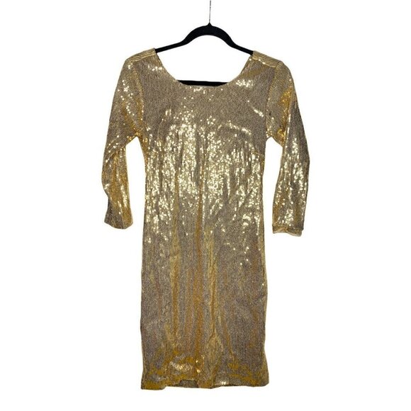 La Perla Dress Size 44 Large Women's 3/4 Sleeve Gold Sequin Open Back Mini Dress - Picture 1 of 6